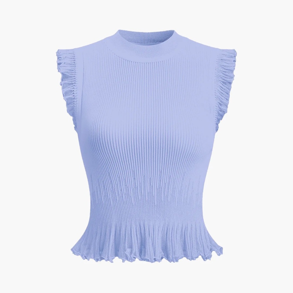 Commense Dusty Blue Ribbed Knit Ruffle Top